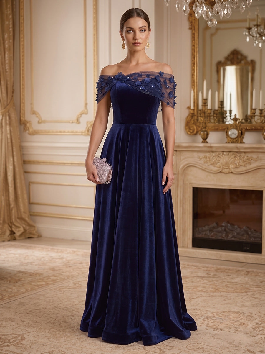 Navy Blue Velvet Off-the-Shoulder Evening Dress with 3D Floral Tulle Wrap