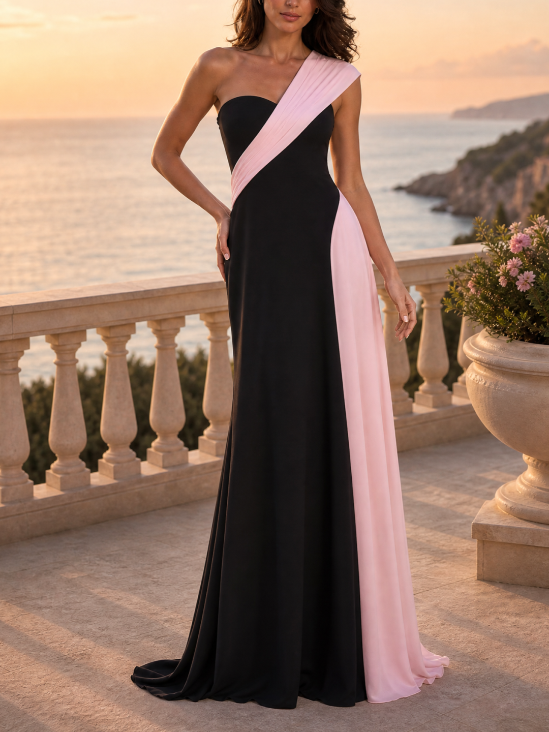 Black & Blush Pink One-Shoulder Draped Chiffon Evening Dress