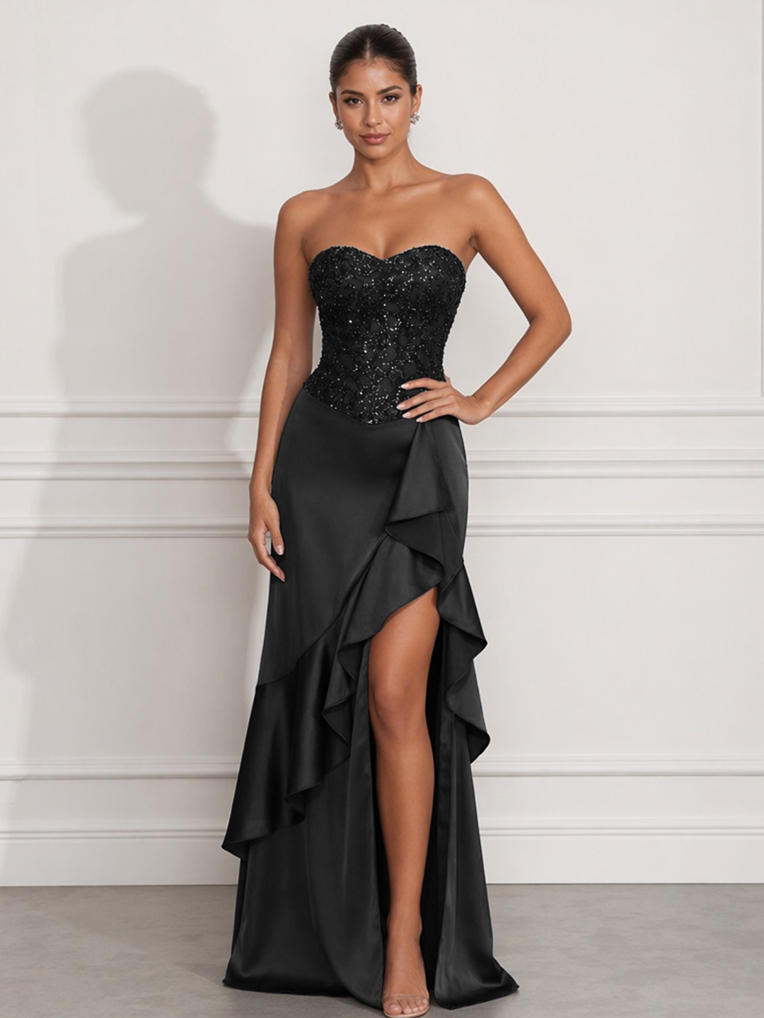 Navy Mermaid Sweetheart Beaded Tiered Formal Dress with Slit