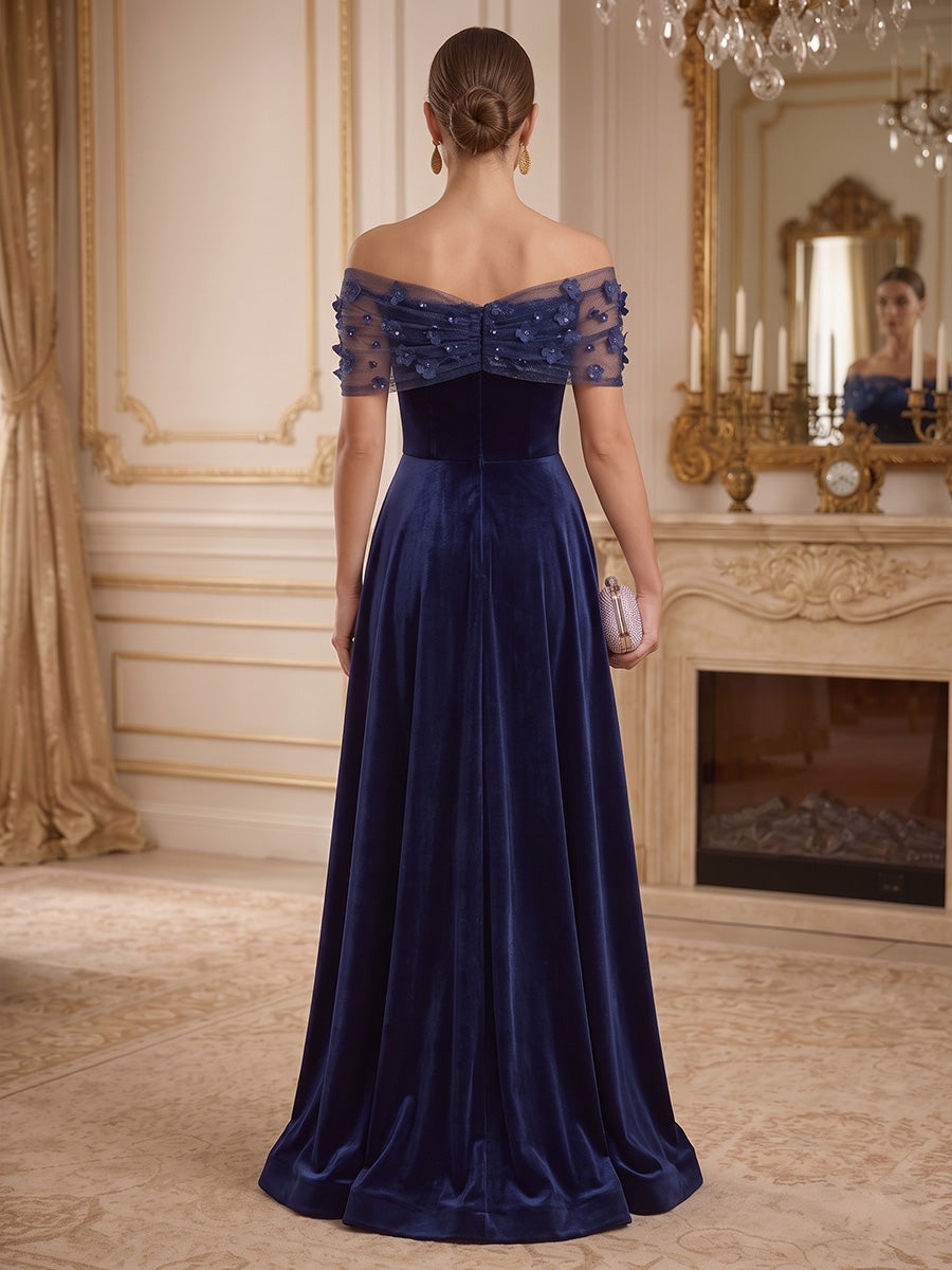 Navy Blue Velvet Off-the-Shoulder Evening Dress with 3D Floral Tulle Wrap