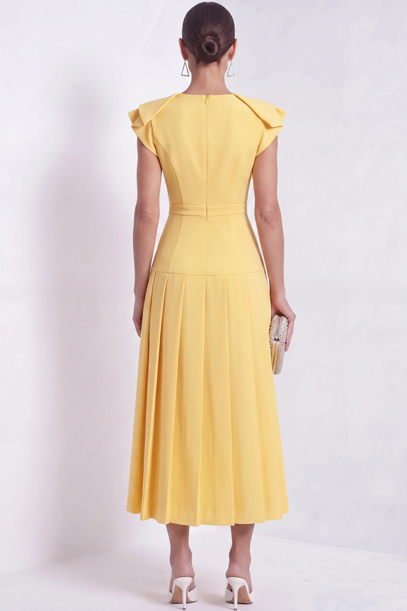 Yellow A-Line Round Neck Pleated Midi Dress