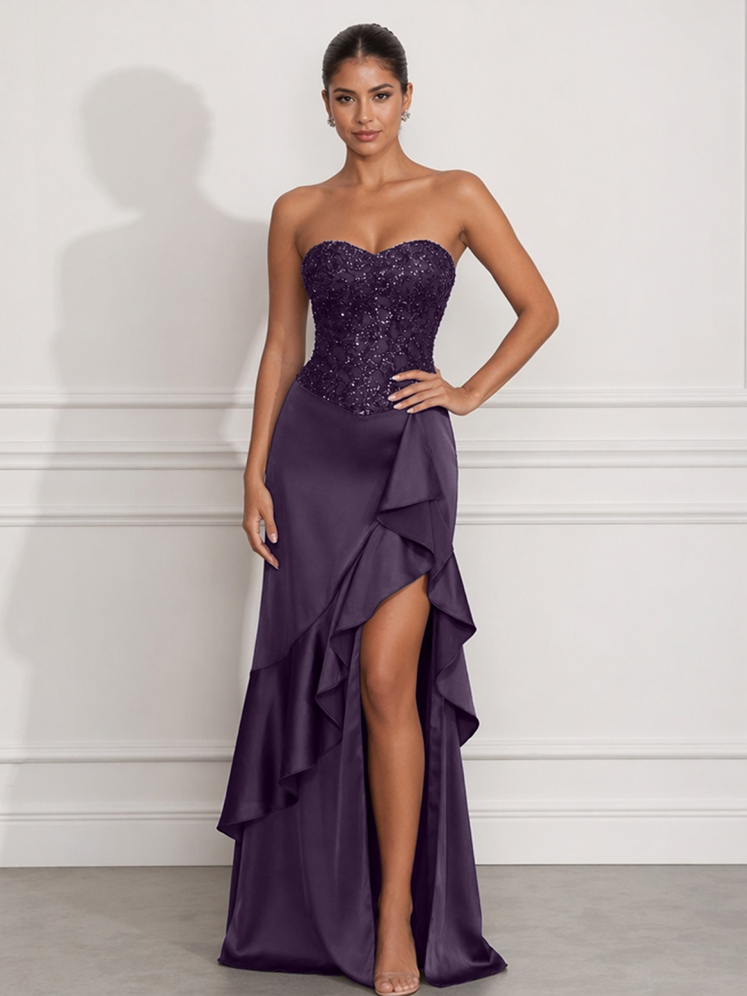 Navy Mermaid Sweetheart Beaded Tiered Formal Dress with Slit