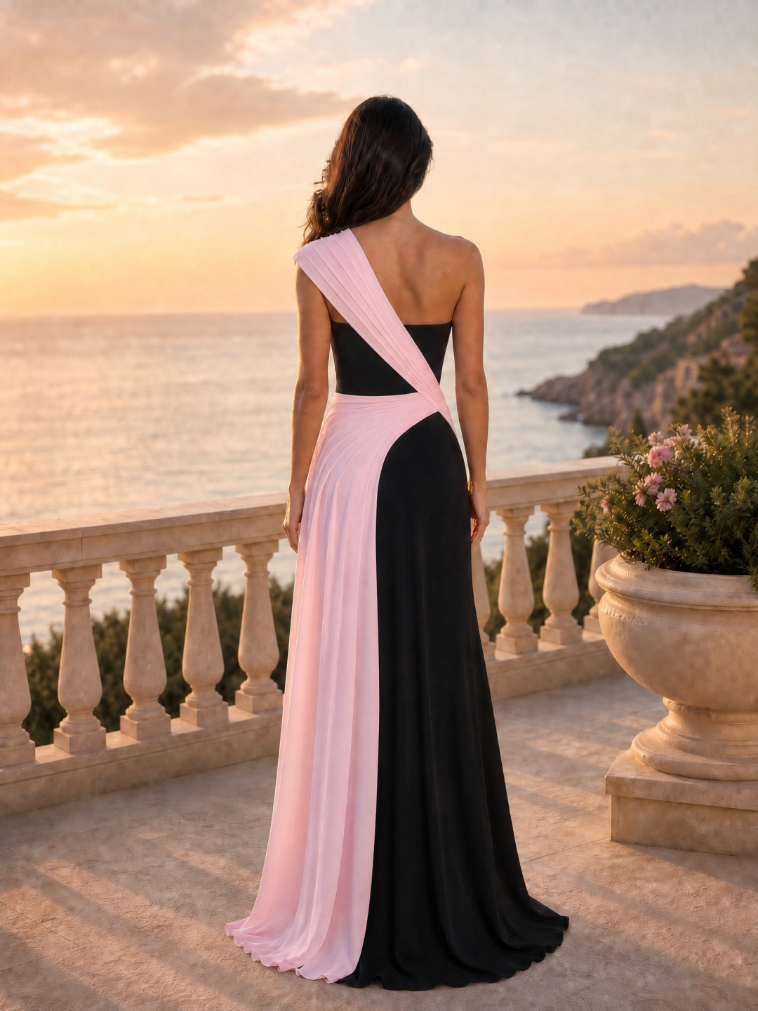 Black & Blush Pink One-Shoulder Draped Chiffon Evening Dress