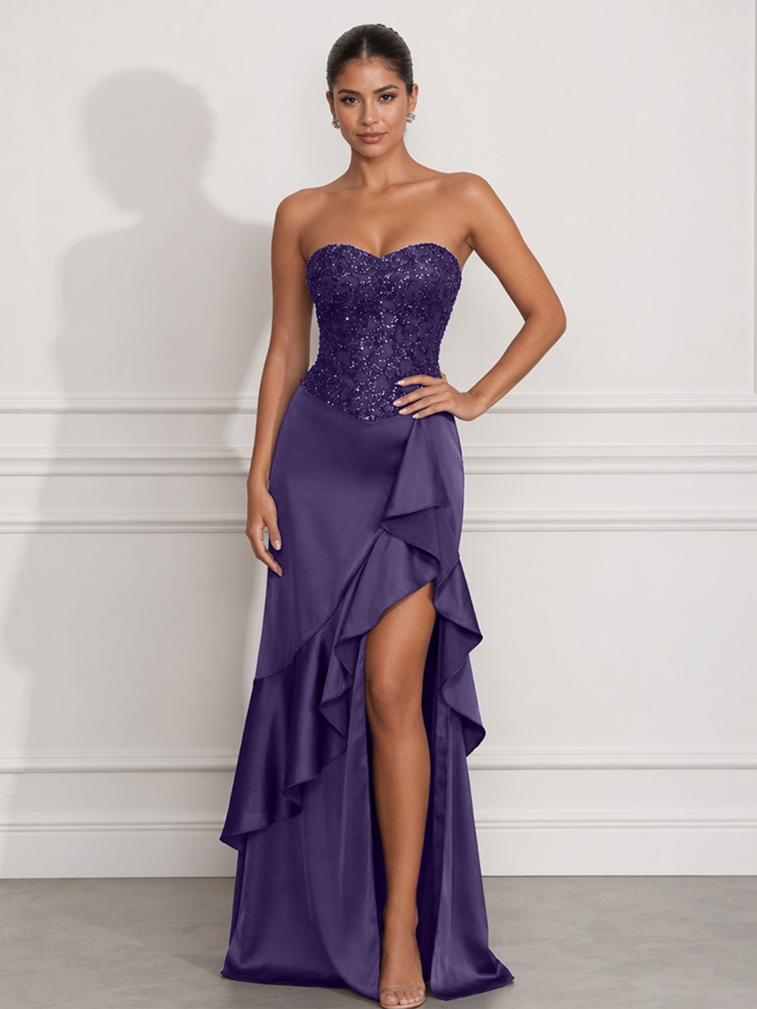 Navy Mermaid Sweetheart Beaded Tiered Formal Dress with Slit