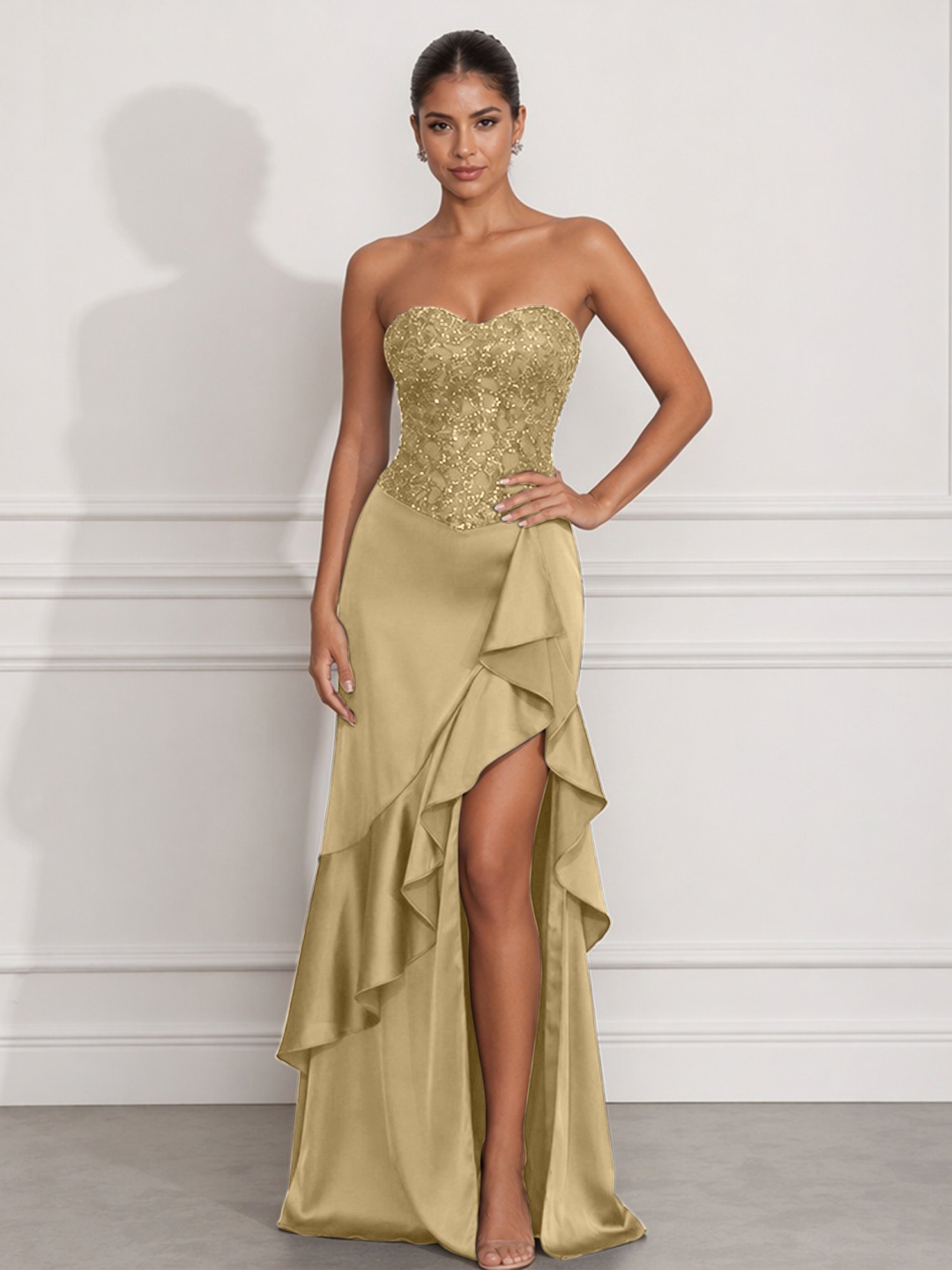 Navy Mermaid Sweetheart Beaded Tiered Formal Dress with Slit