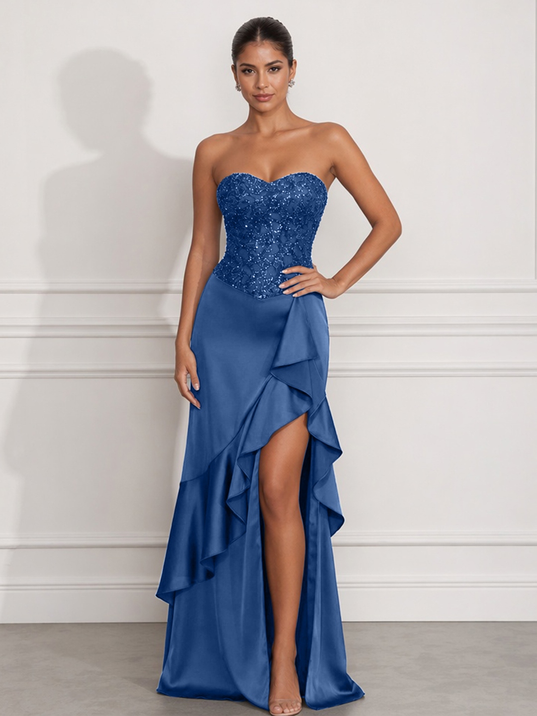 Navy Mermaid Sweetheart Beaded Tiered Formal Dress with Slit
