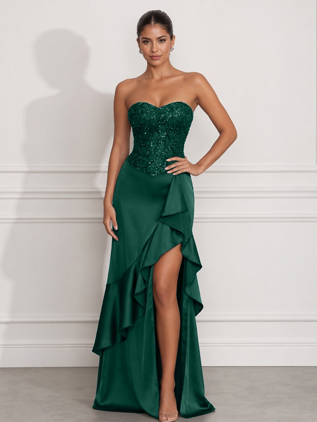 Navy Mermaid Sweetheart Beaded Tiered Formal Dress with Slit