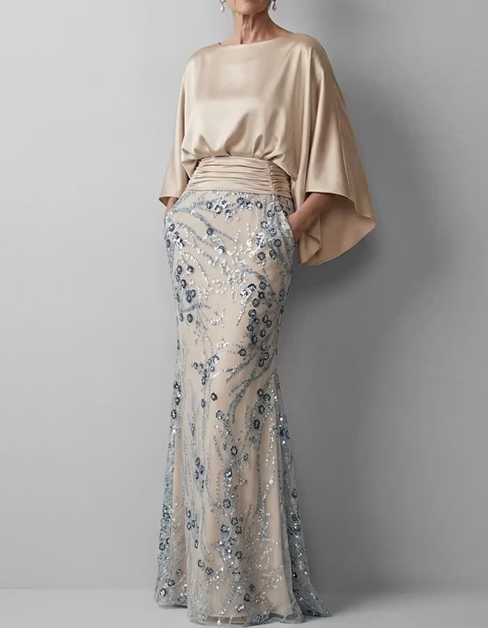 Champagne Cape Sleeve Ruched Sequin Mermaid Dress