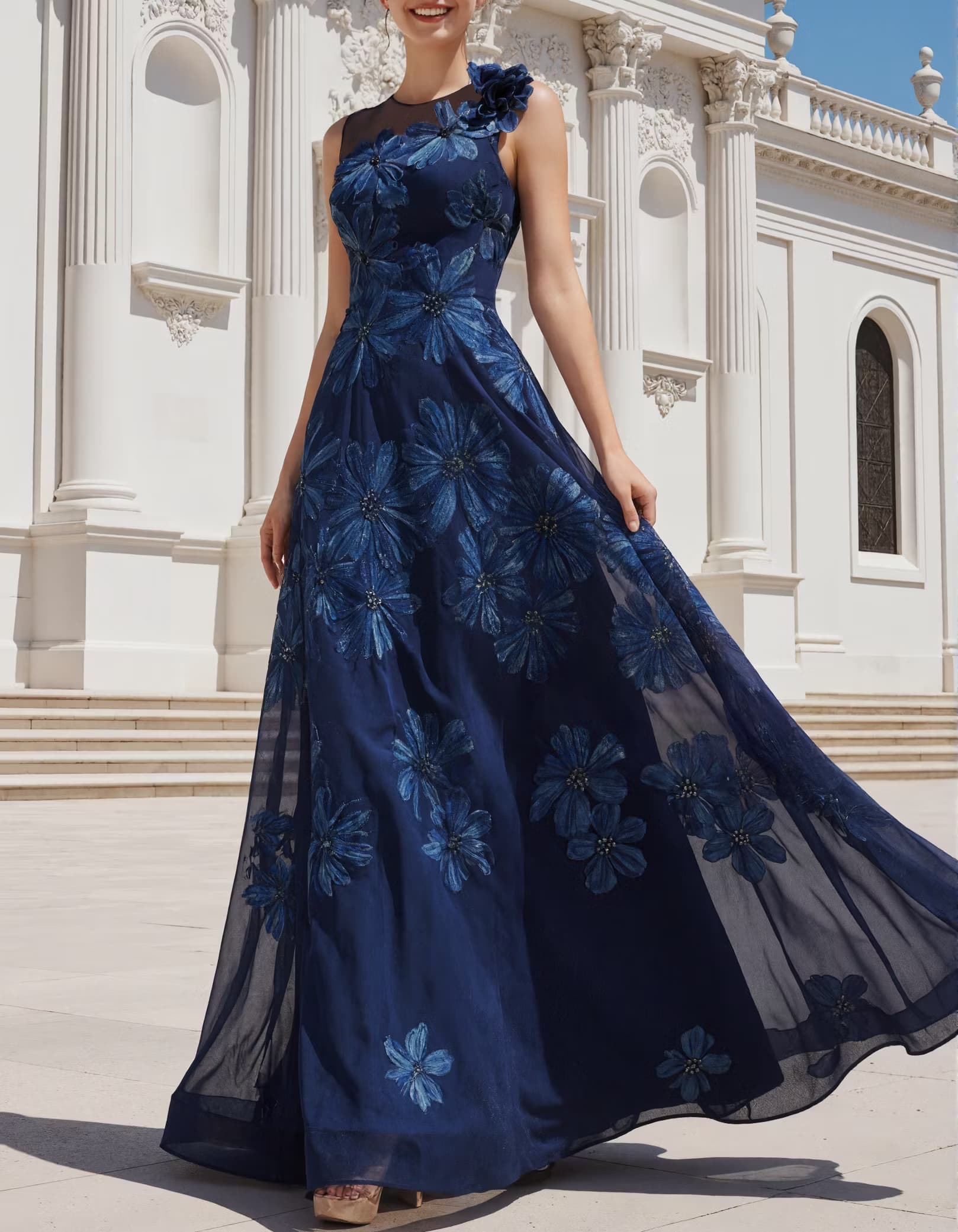 Navy Chiffon Printed Scoop-Neck Maxi Dress