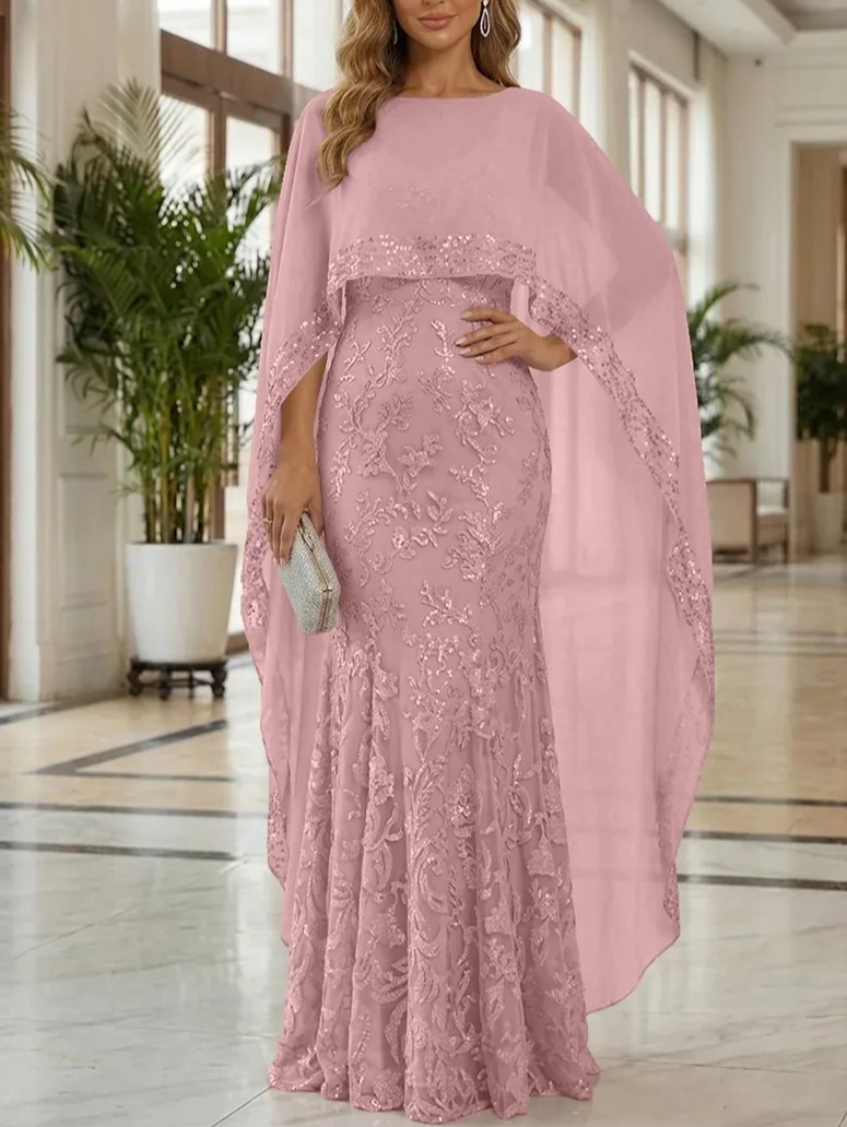 Sheath Chiffon Cape Sleeves Sequin Embellished Lace Maxi Dress