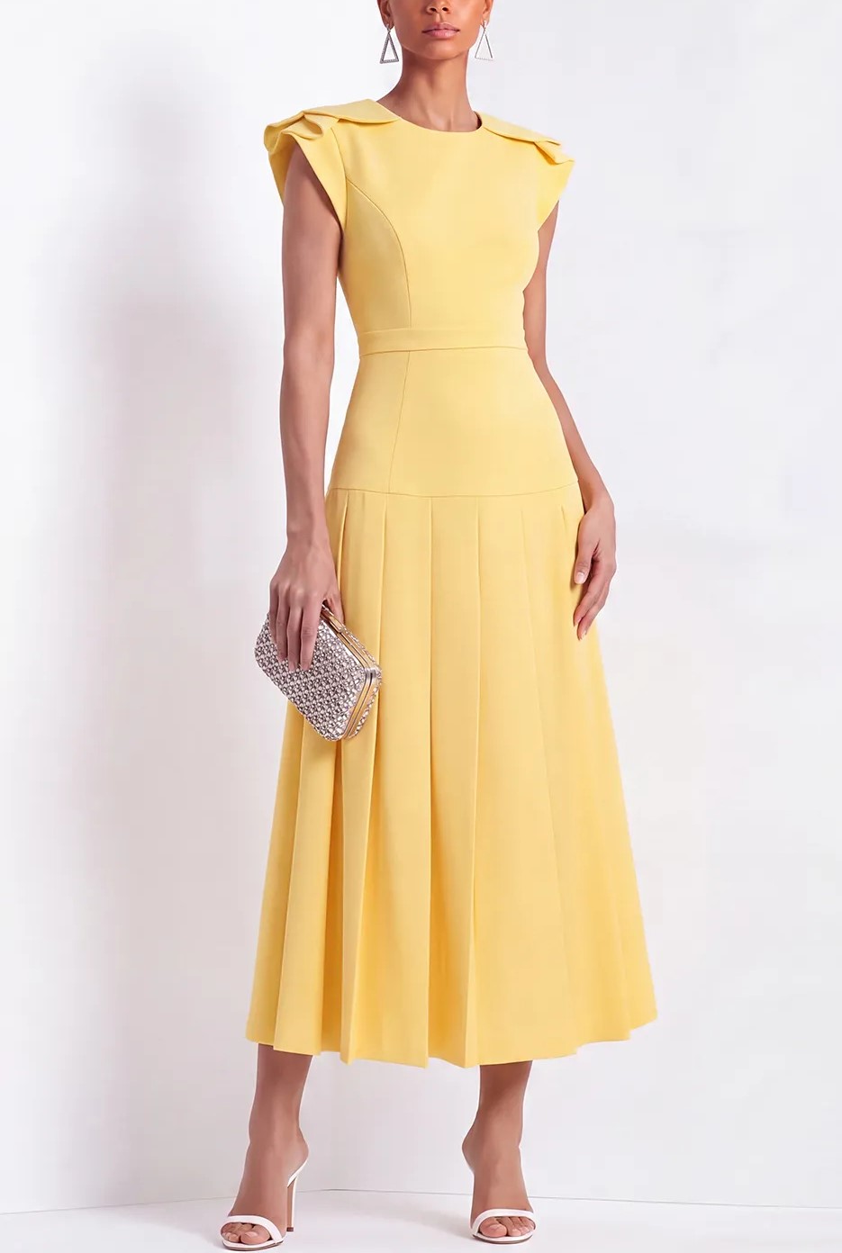Yellow A-Line Round Neck Pleated Midi Dress