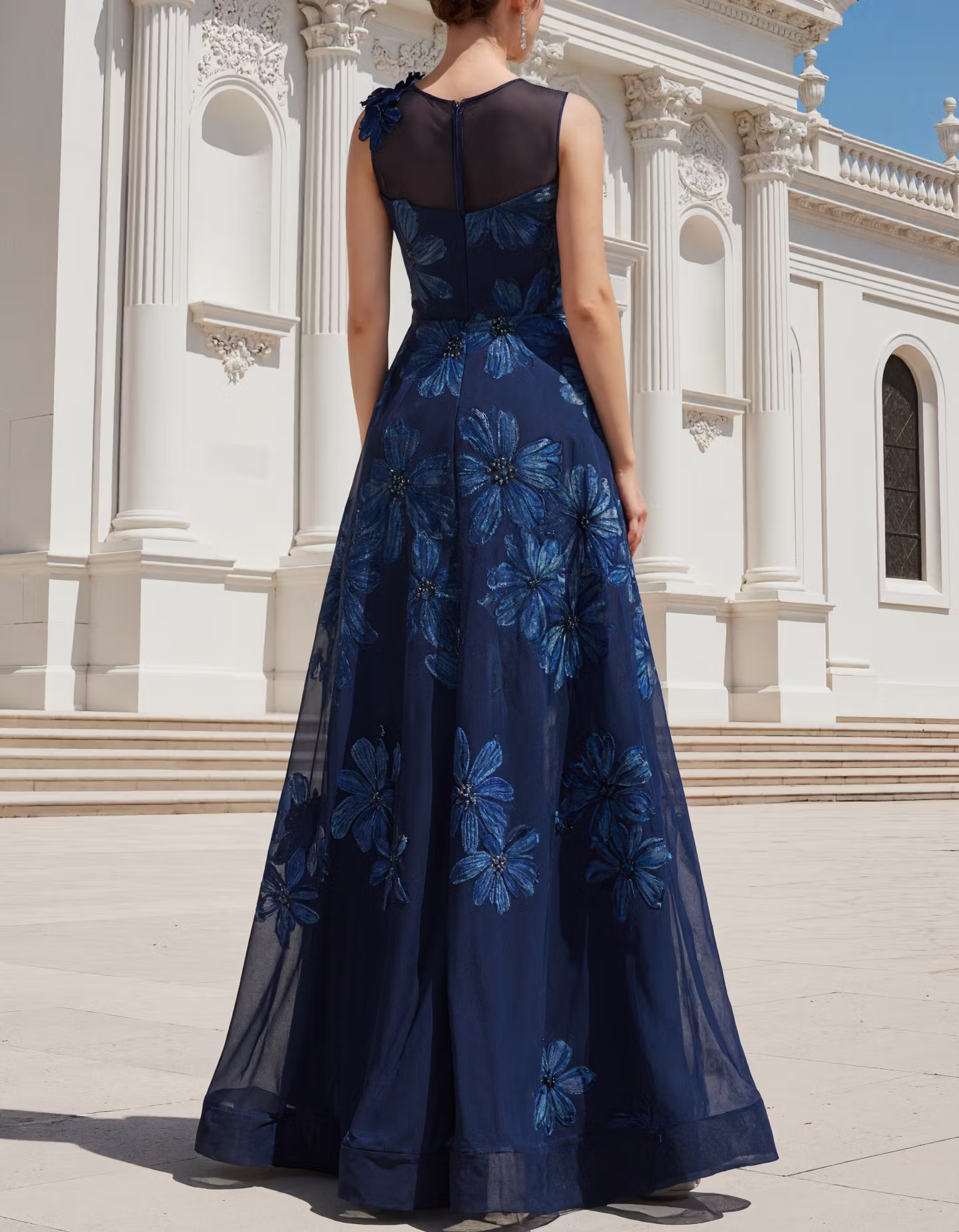Navy Chiffon Printed Scoop-Neck Maxi Dress
