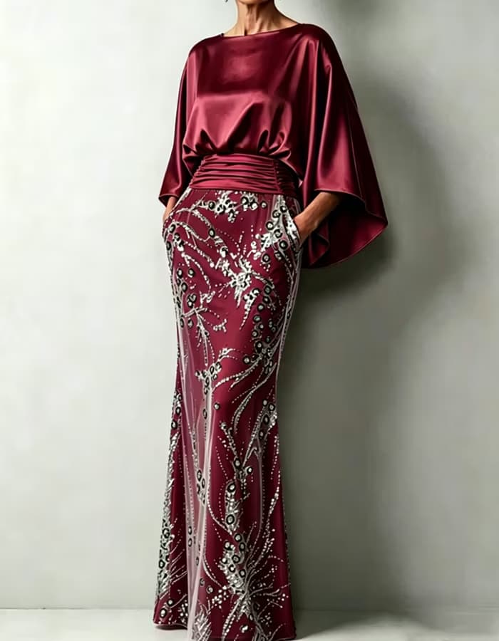 Champagne Cape Sleeve Ruched Sequin Mermaid Dress