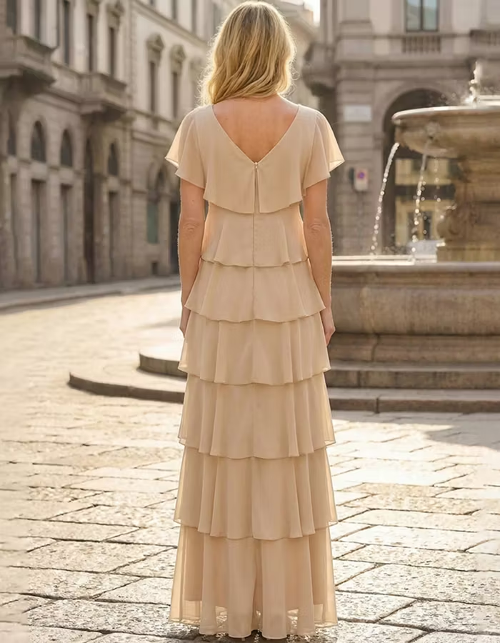 Tiered Cake Ruffle Flutter Sleeve Chiffon Maxi Dress