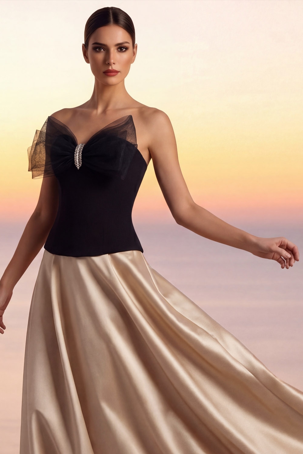 Champagne Formal Evening Dress Strapless A-Line Satin Maxi Dress with Bow