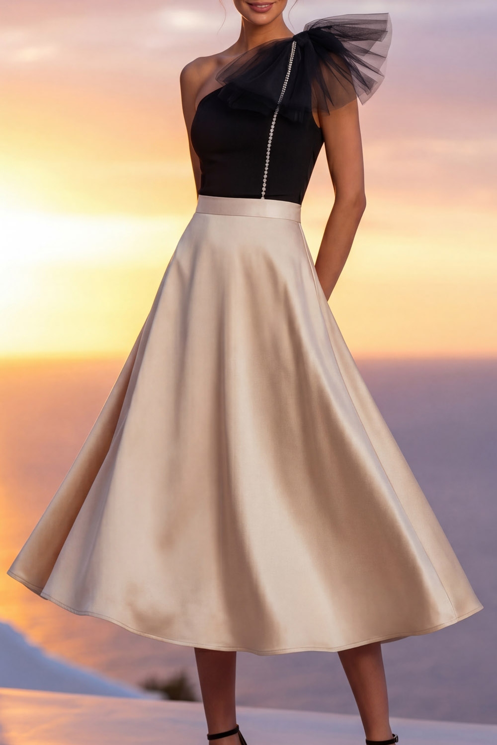 Champagne Formal Evening Dress One Shoulder Satin Midi Dress with Bow
