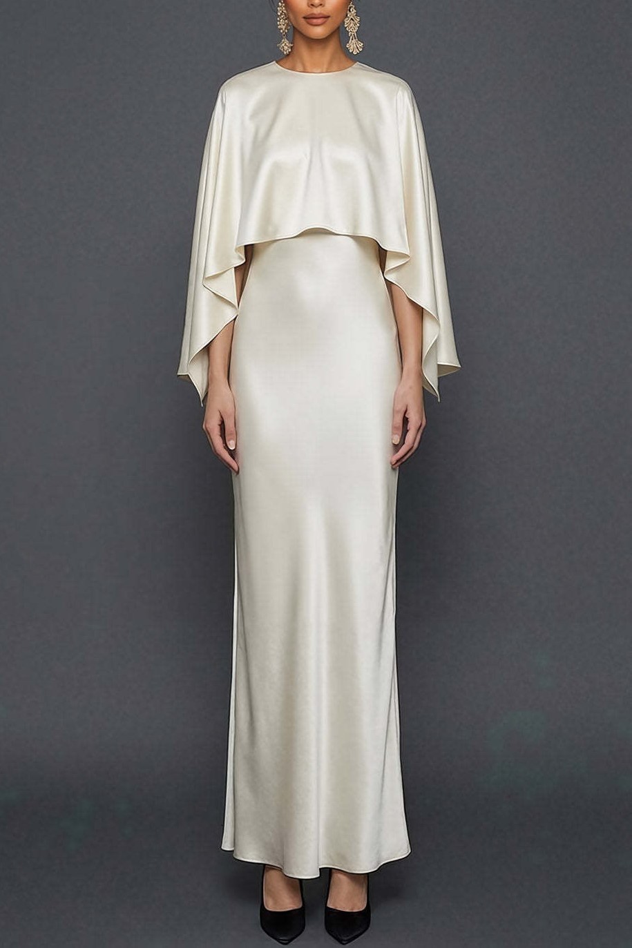 White Mermaid Satin Long White Wedding Reception Dress with Cape