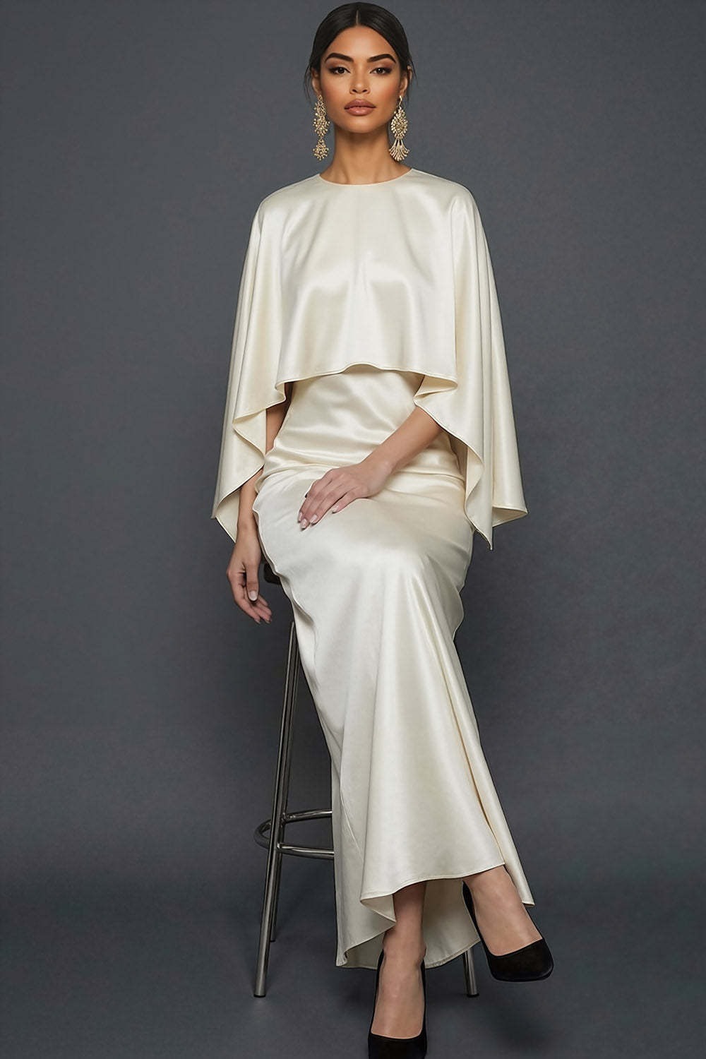 White Mermaid Satin Long White Wedding Reception Dress with Cape