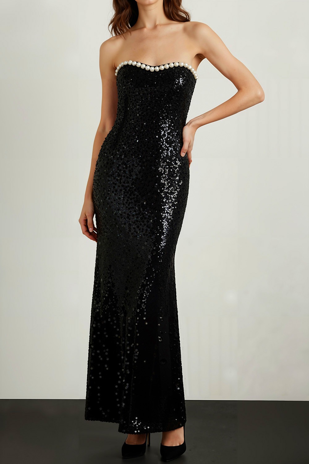 Black Formal Party Dress Sheath Strapless Sequin Maxi Dress