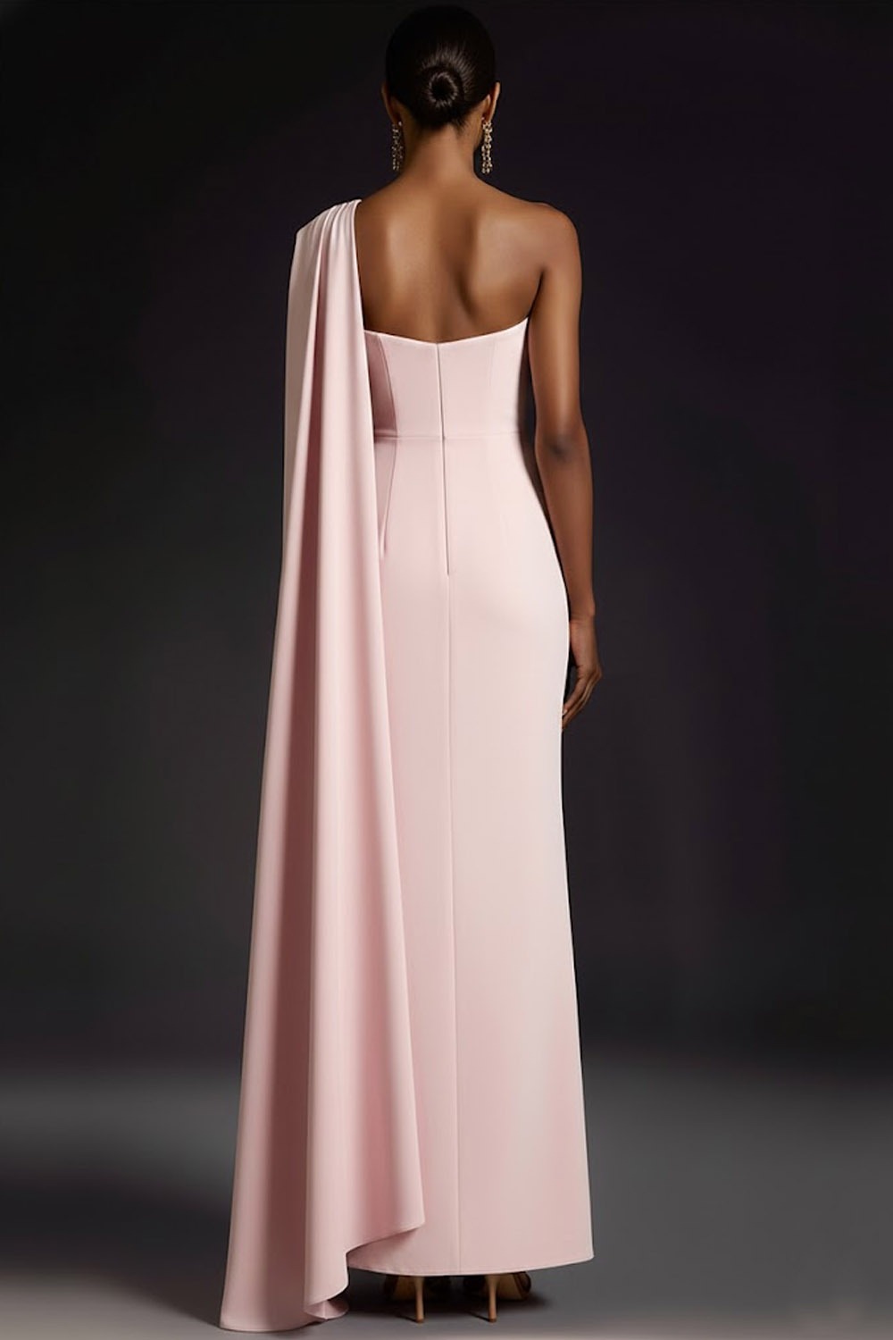 Pink Evening Formal Dress One Shoulder Maxi Dress with Cape