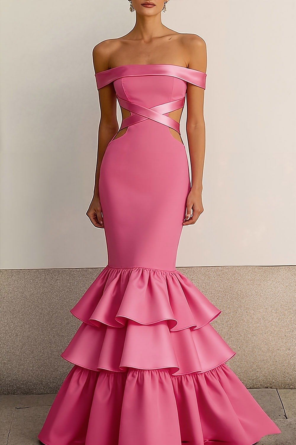 Pink Formal Evening Dress Mermaid Off the Shoulder Tiered Maxi Dress