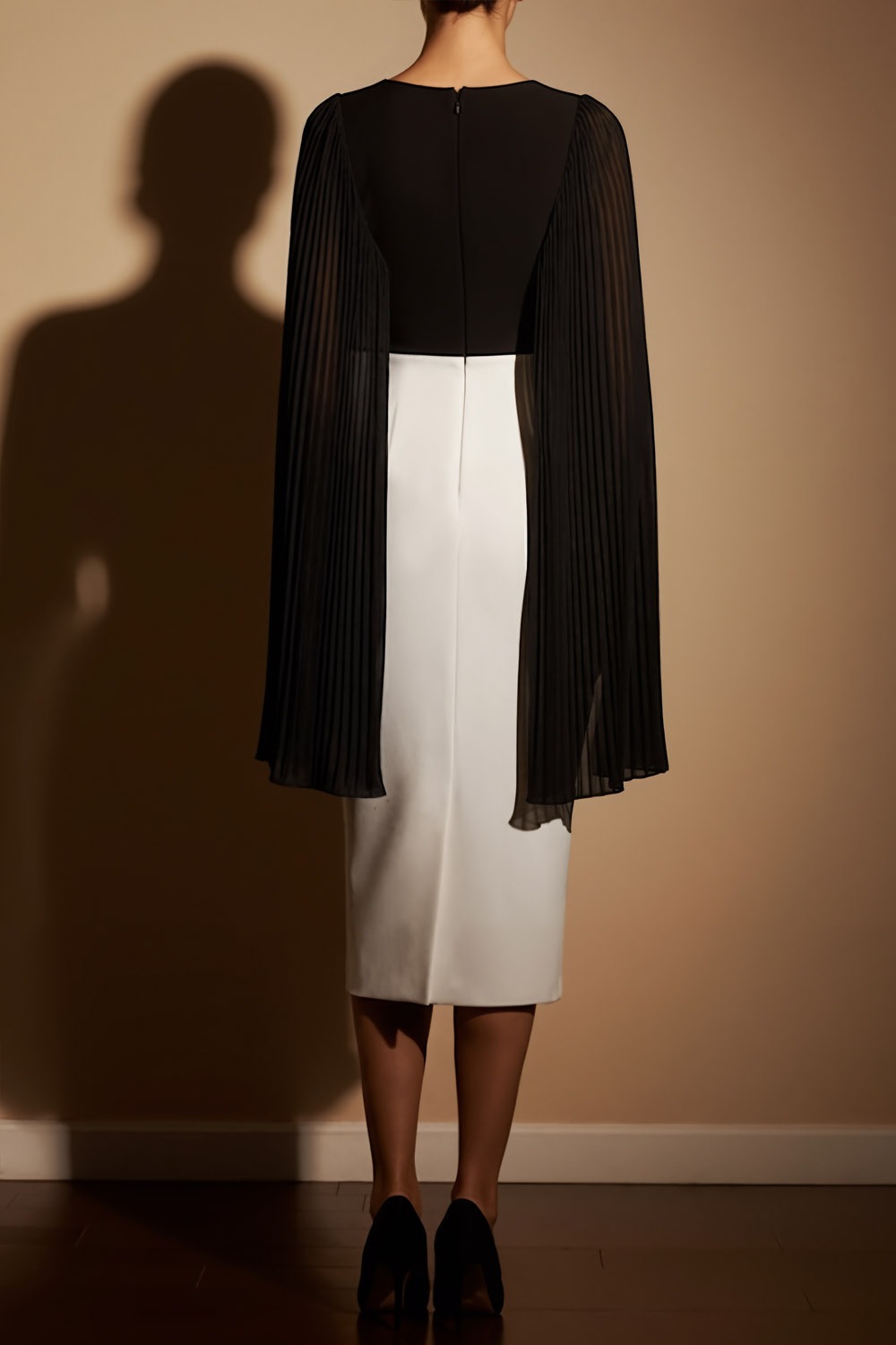 Black Formal Dress Bodycon Round Neck Midi Dress with Cape