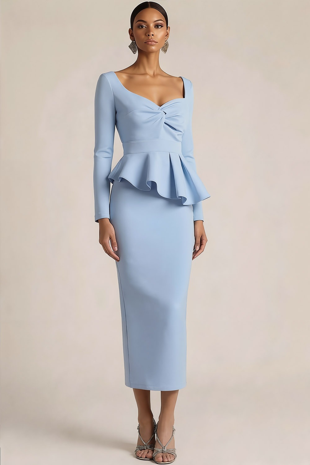 Blue Wedding Guest Dress Sheath Square Neck Long Sleeve Midi Dress