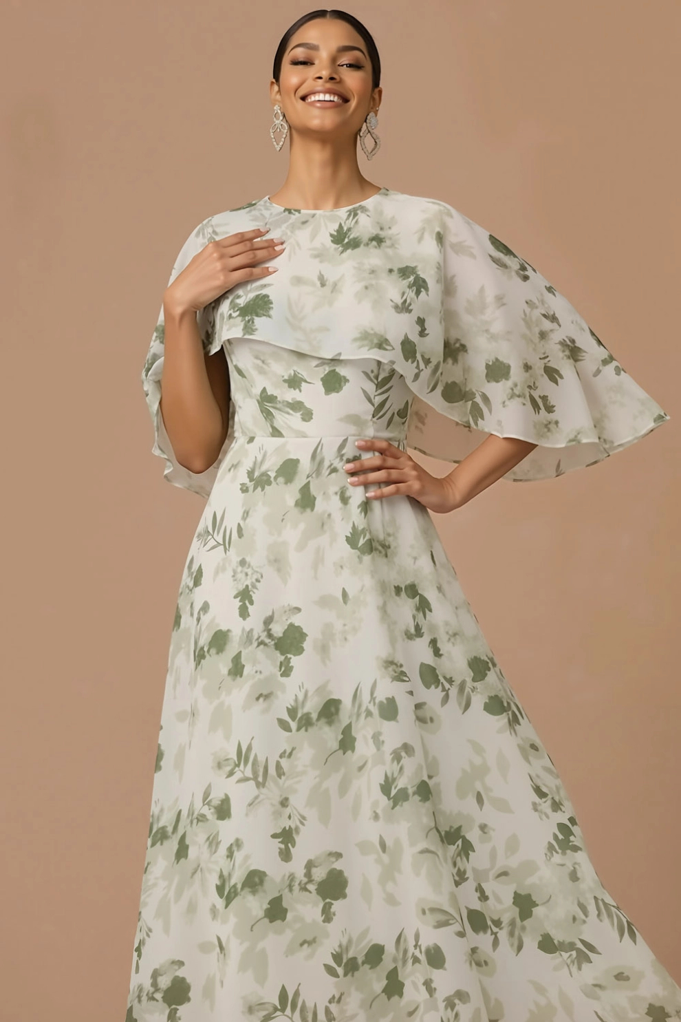 Green Floral A-Line with Cape Maxi Dress