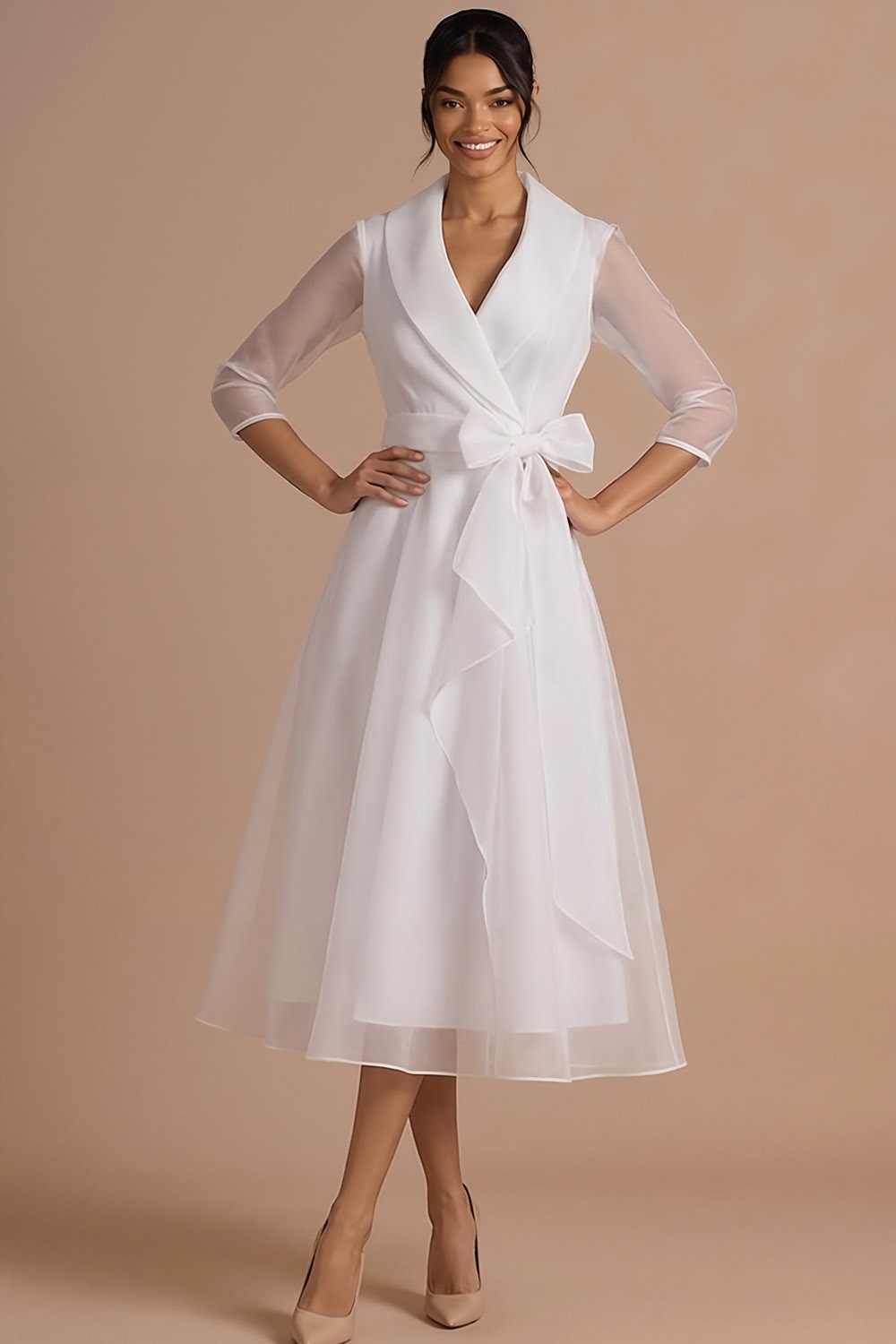 Burgundy Formal Evening Dress A-Line Lapel Long Sleeve Midi Dress