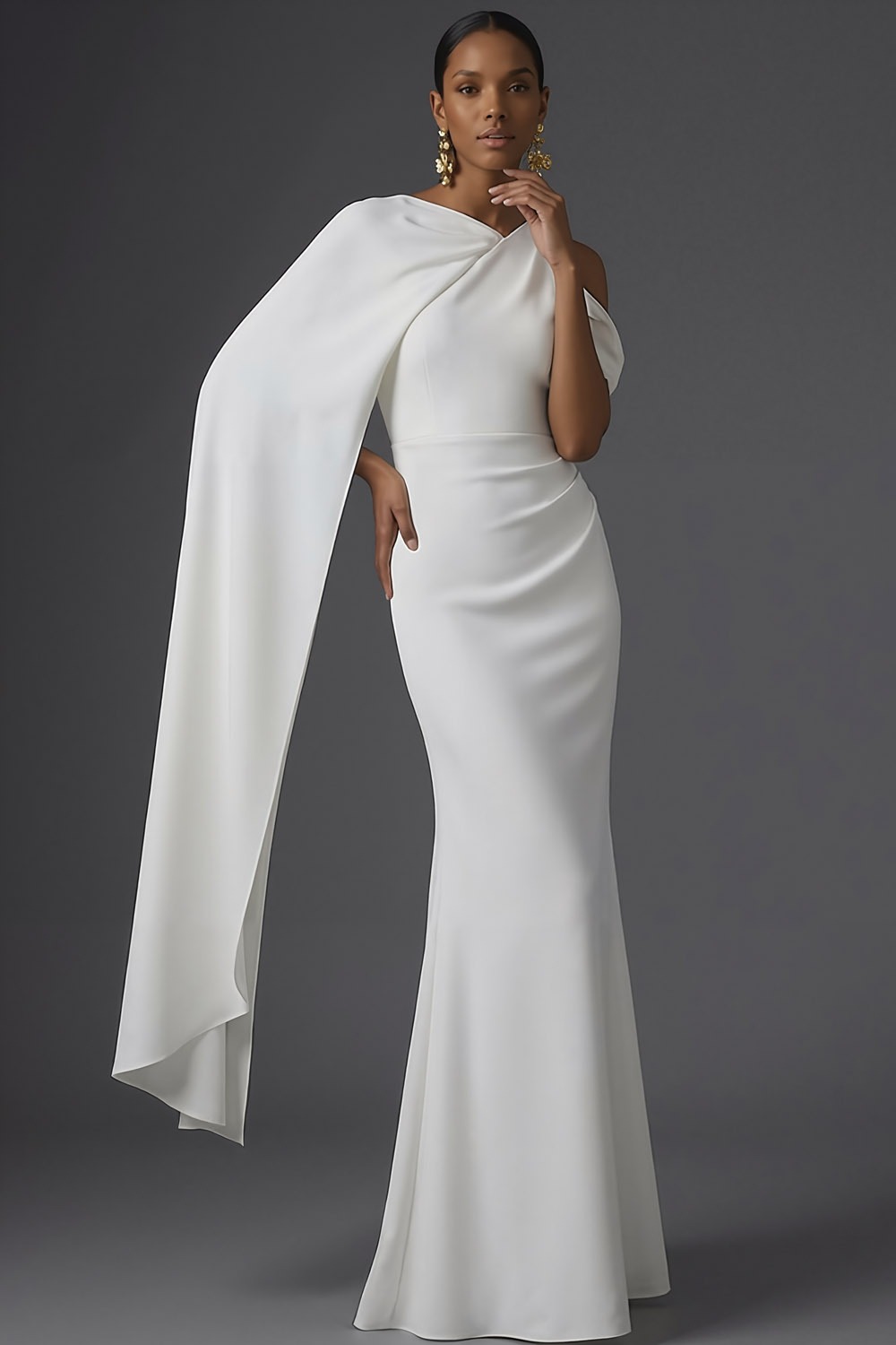 Dusty Sage Formal Dress Mermaid One Shoulder Chiffon Maxi Dress with Cape