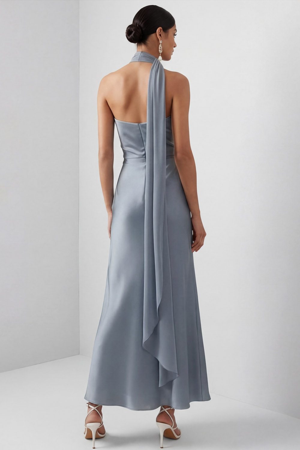 Dusty Blue Formal Evening Dress A-Line Halter Satin Maxi Dress