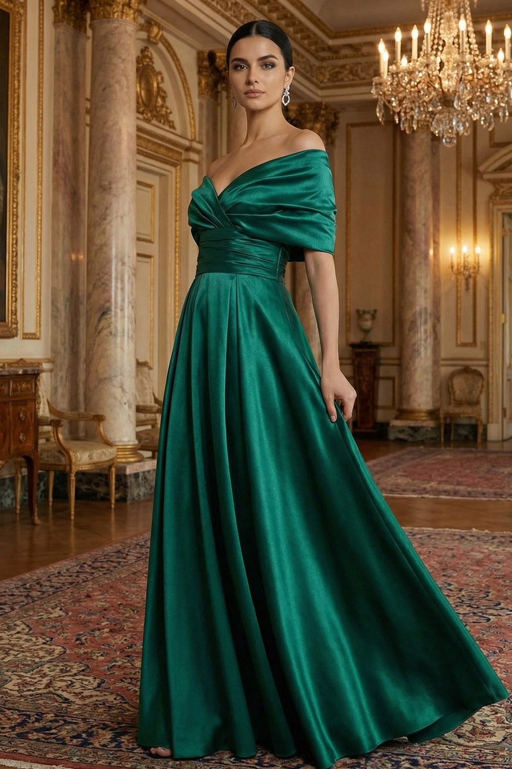 Emerald Green Formal Evening Dress A-Line Off the Shoulder Satin Maxi Dress