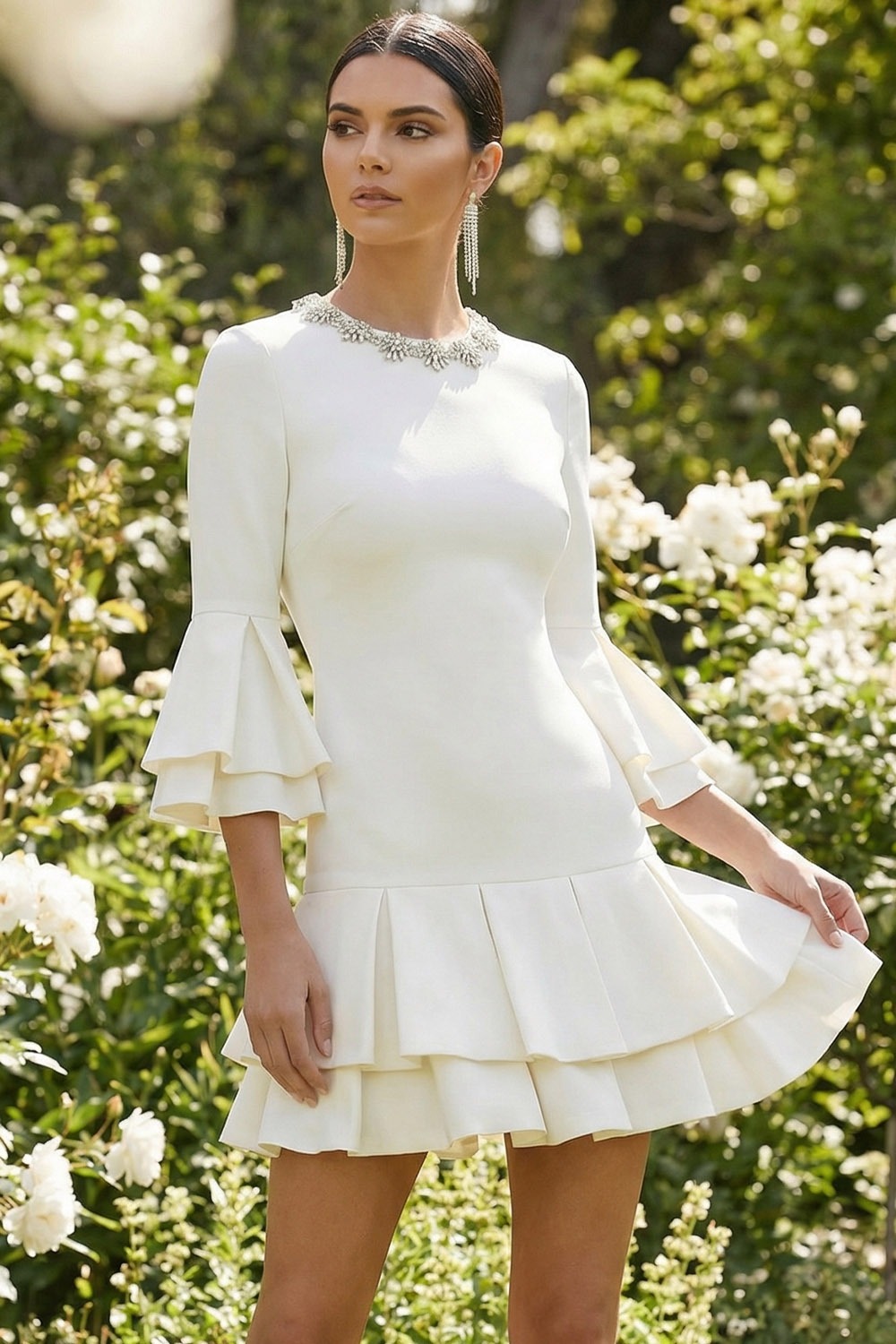 White Formal Evening Dress Round Neck Ruffle Sleeve Tiered Mini Dress