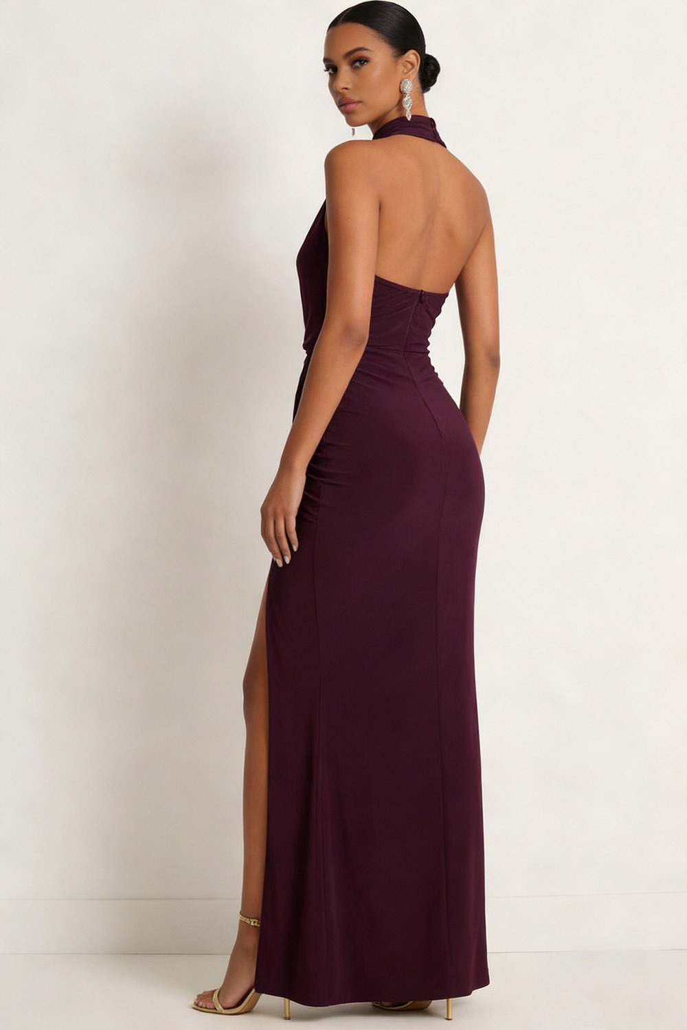 Dark Purple Formal Evening Dress Halter Chiffon Maxi Dress with Slit
