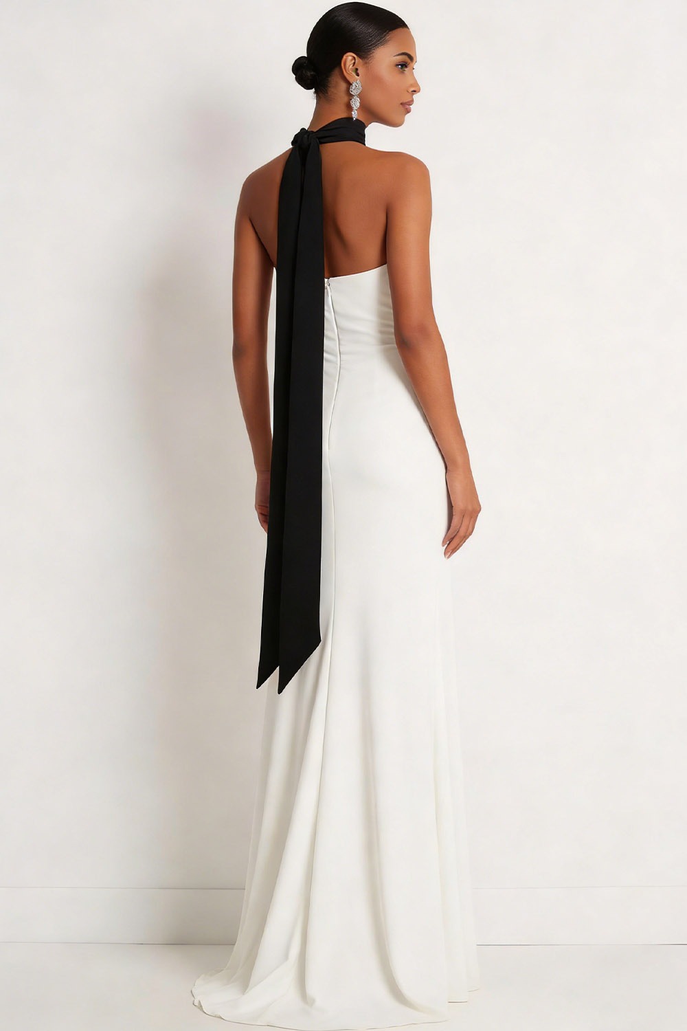 White Formal Evening Dress Mermaid Halter Chiffon Maxi Dress with Scarf