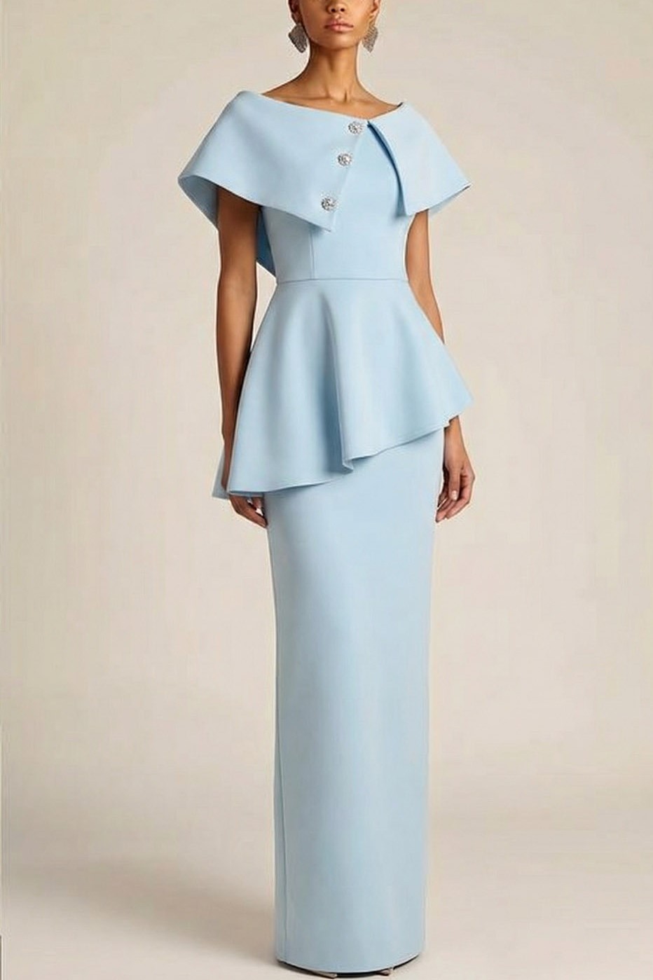 Sky Blue Formal Evening Dress Sheath Crew Neck Ruffle Maxi Dress