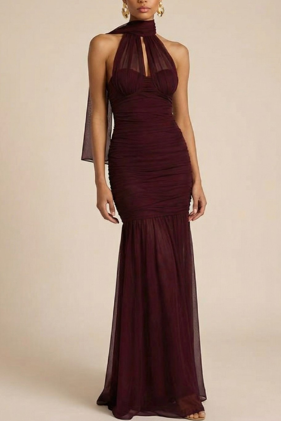 Burgundy Formal Dress Mermaid Halter Chiffon Maxi Dress with Scarf