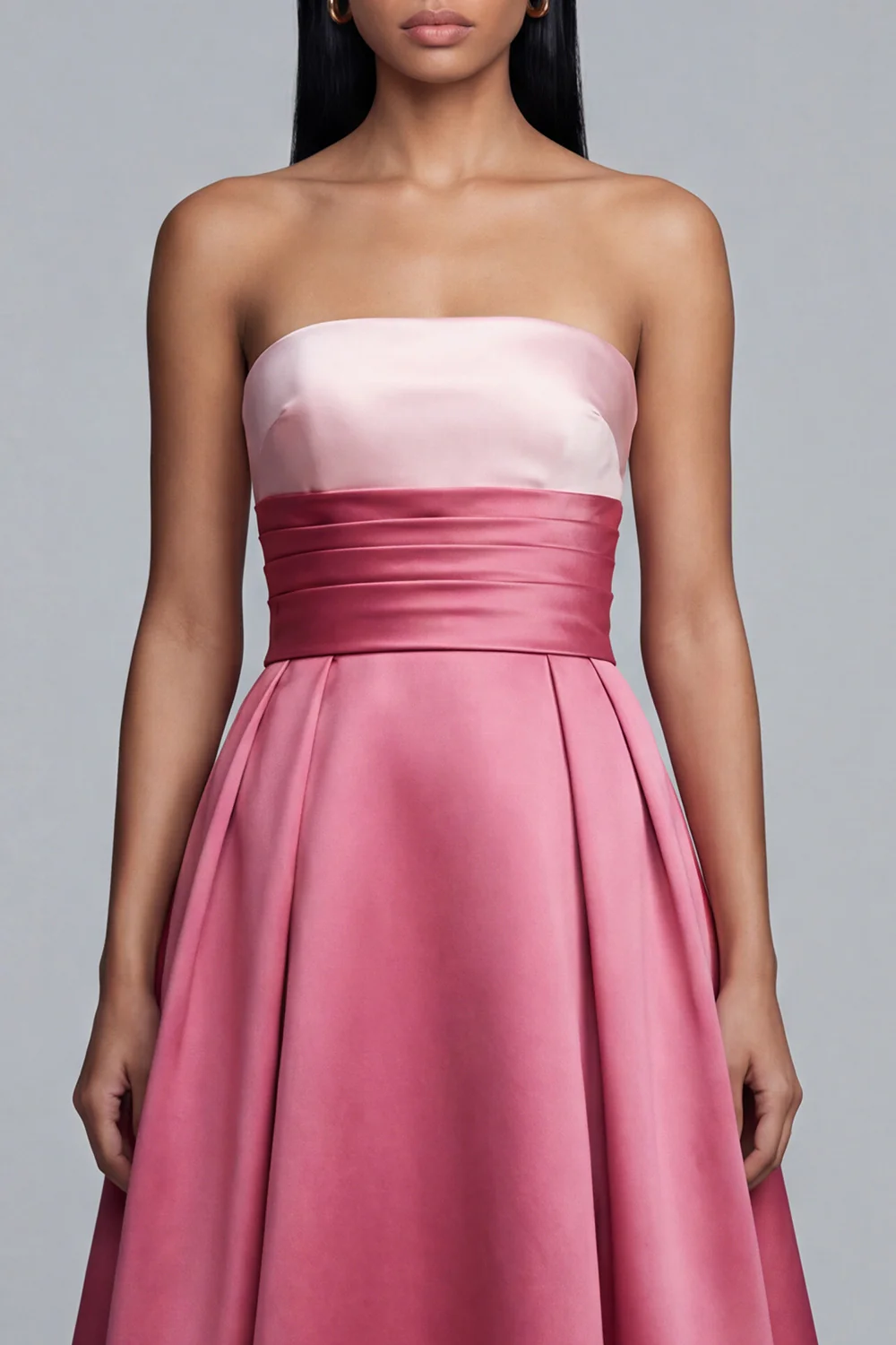 Pink Long A Line Satin Strapless Patchwork Formal Dress