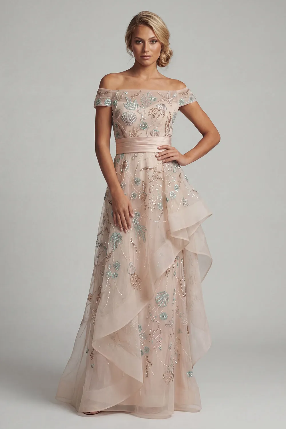 Sparkly Blush A Line Ruffled Floral Maxi Dress