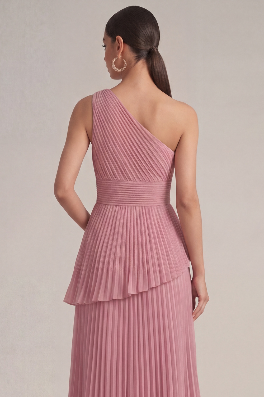 Rose Pink Wedding Guest Dress A-Line One Shoulder Pleated Maxi Dress