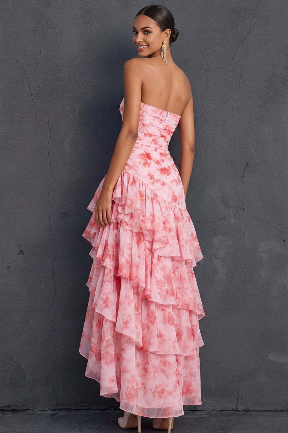 Pink Floral Ruffled Tiered Strapless Draped Long Wedding Guest Dress with Slit