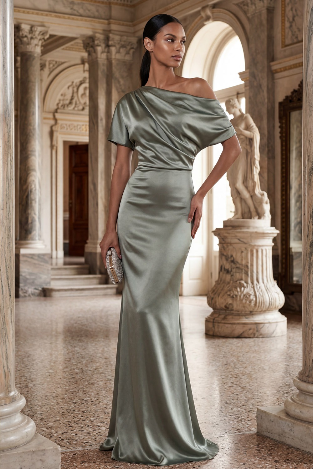 Dusty Sage Formal Dress Mermaid Asymmetrical Neck Satin Maxi Dress