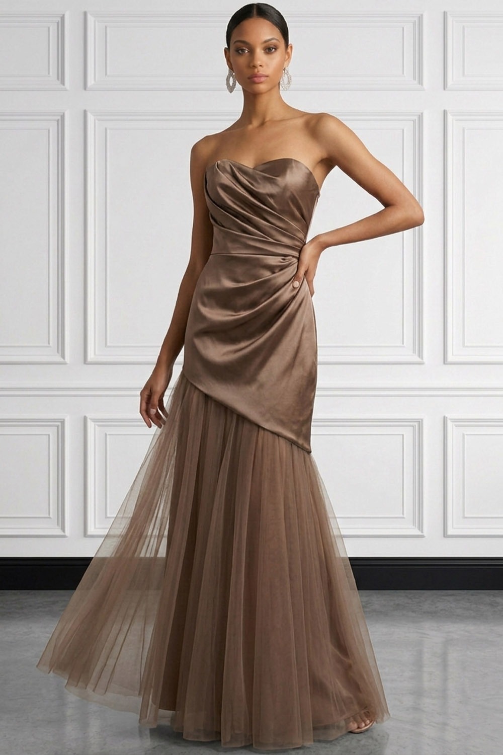 Coffee Formal Evening Dress Strapless Ruched Satin Maxi Dress