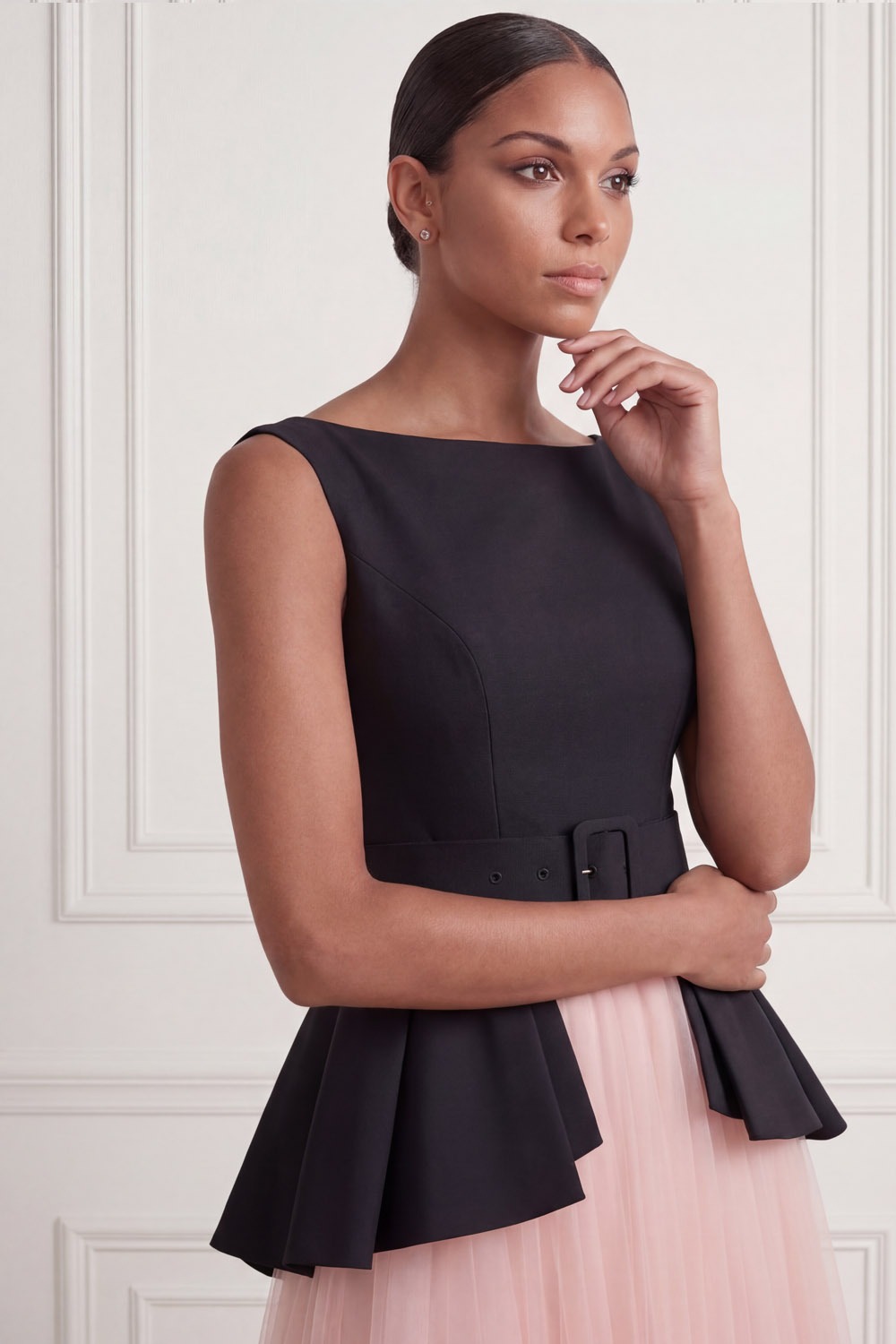 Black Suit Sets Crew Neck Pleated A-Line Tulle Midi Skirts Set