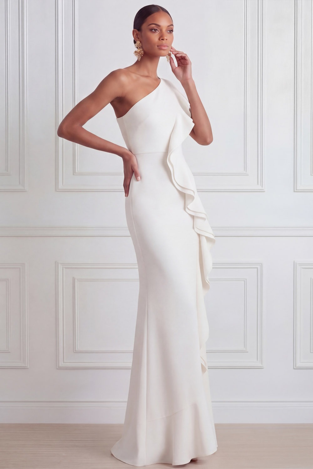 White Formal Evening Dress Sheath One Shoulder Maxi Dress with Ruffle