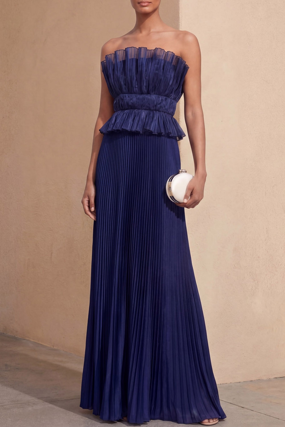 Navy Formal Evening Dress A-Line Strapless Pleated Maxi Dress