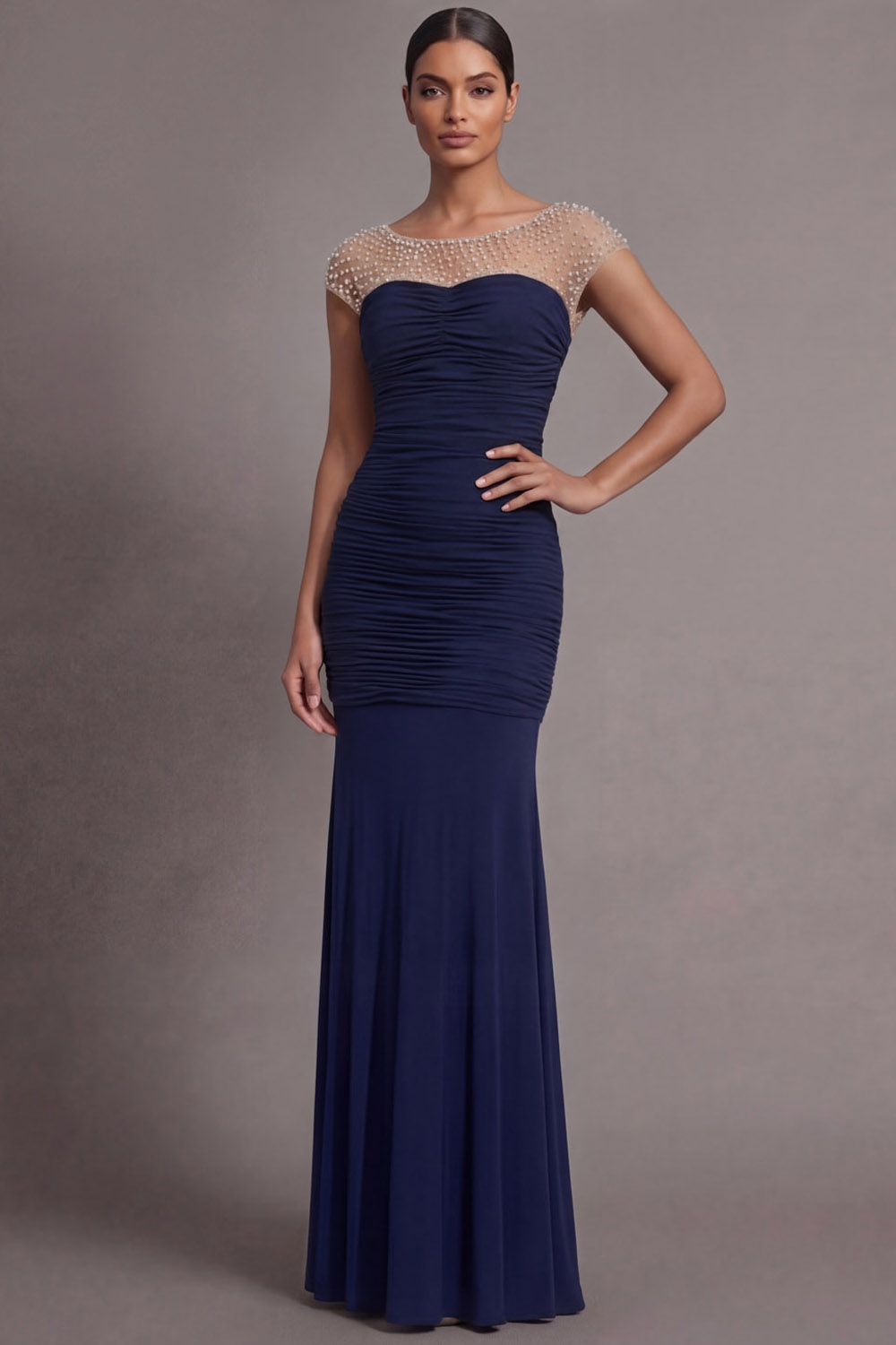 Navy Formal Evening Dress Mermaid Crew Neck Pleated Maxi Dress