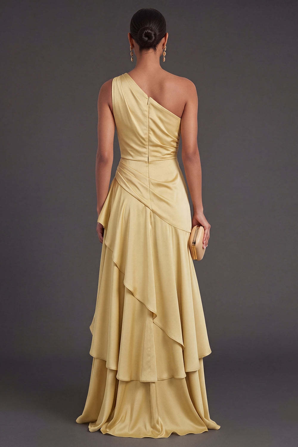 Yellow Ruffled Satin Long Formal Dress
