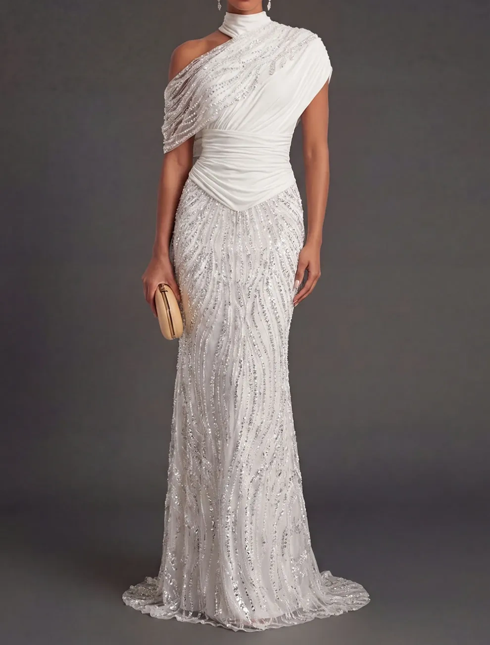 Sparkly Beaded White One Shoulder Long Formal Dress