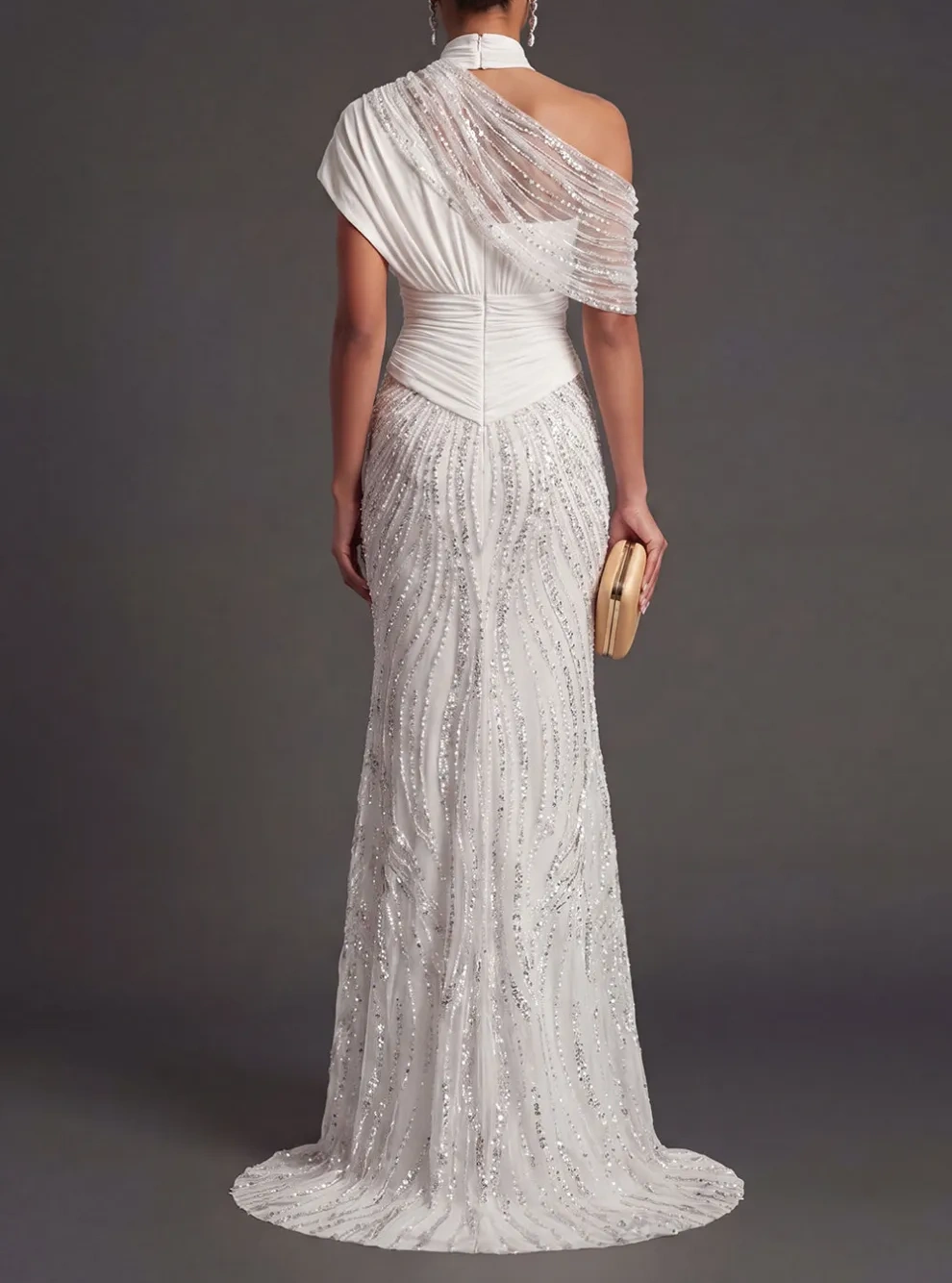 Sparkly Beaded White One Shoulder Long Formal Dress